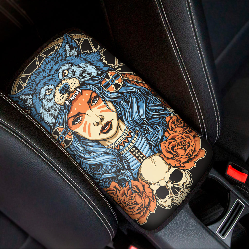 Native American Wolf Girl Print Car Center Console Cover