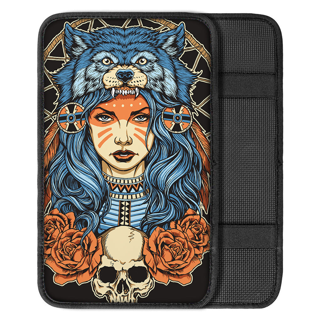 Native American Wolf Girl Print Car Center Console Cover