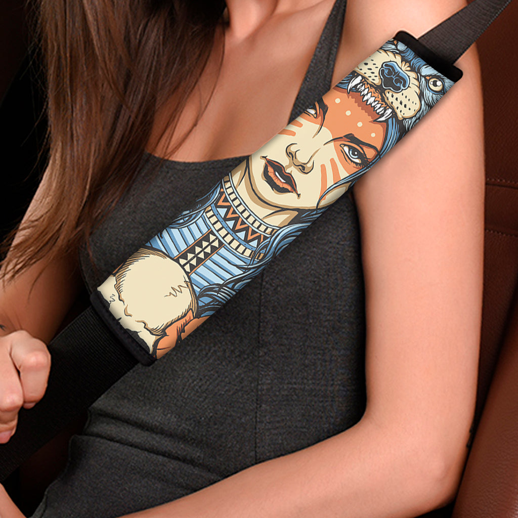 Native American Wolf Girl Print Car Seat Belt Covers