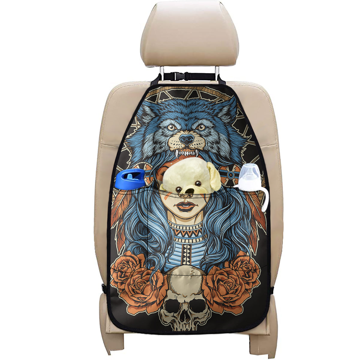 Native American Wolf Girl Print Car Seat Organizers