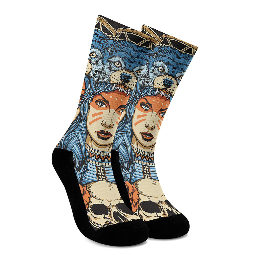 Native American Wolf Girl Print Crew Socks