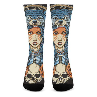 Native American Wolf Girl Print Crew Socks