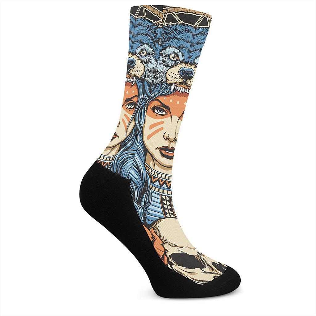 Native American Wolf Girl Print Crew Socks