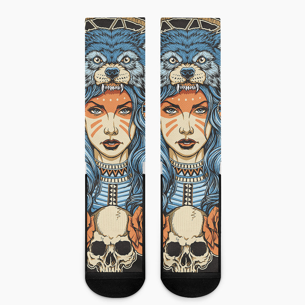 Native American Wolf Girl Print Crew Socks