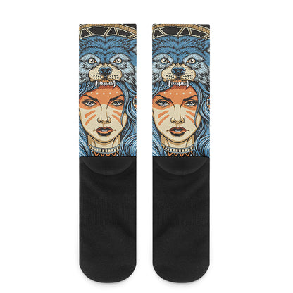 Native American Wolf Girl Print Crew Socks