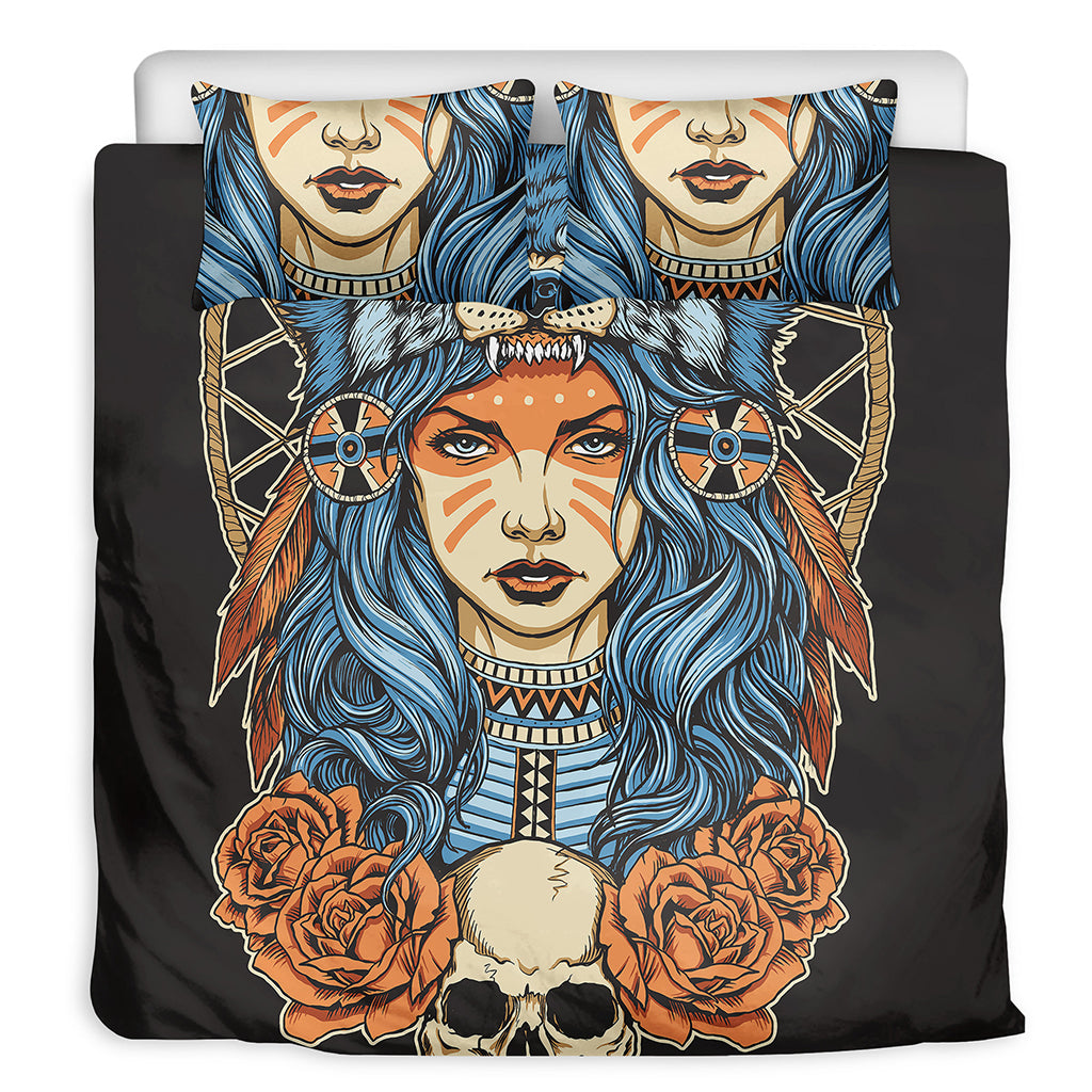 Native American Wolf Girl Print Duvet Cover Bedding Set