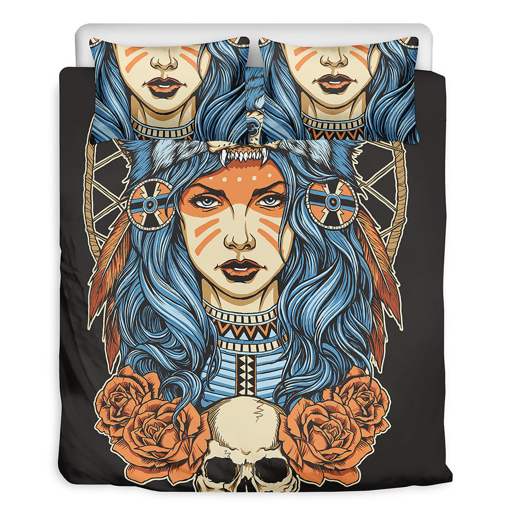 Native American Wolf Girl Print Duvet Cover Bedding Set