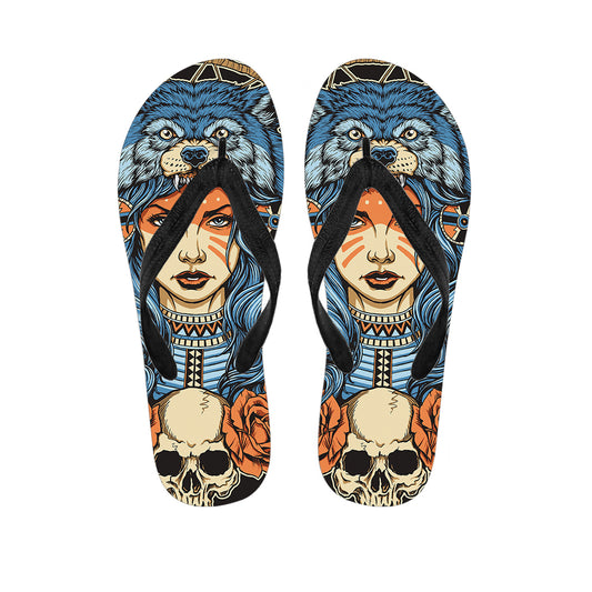 Native American Wolf Girl Print Flip Flops