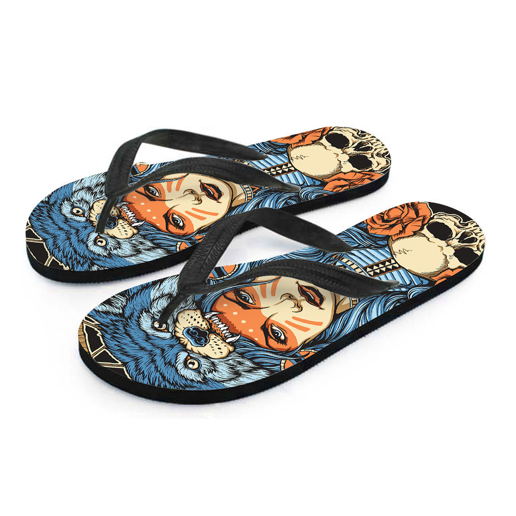 Native American Wolf Girl Print Flip Flops