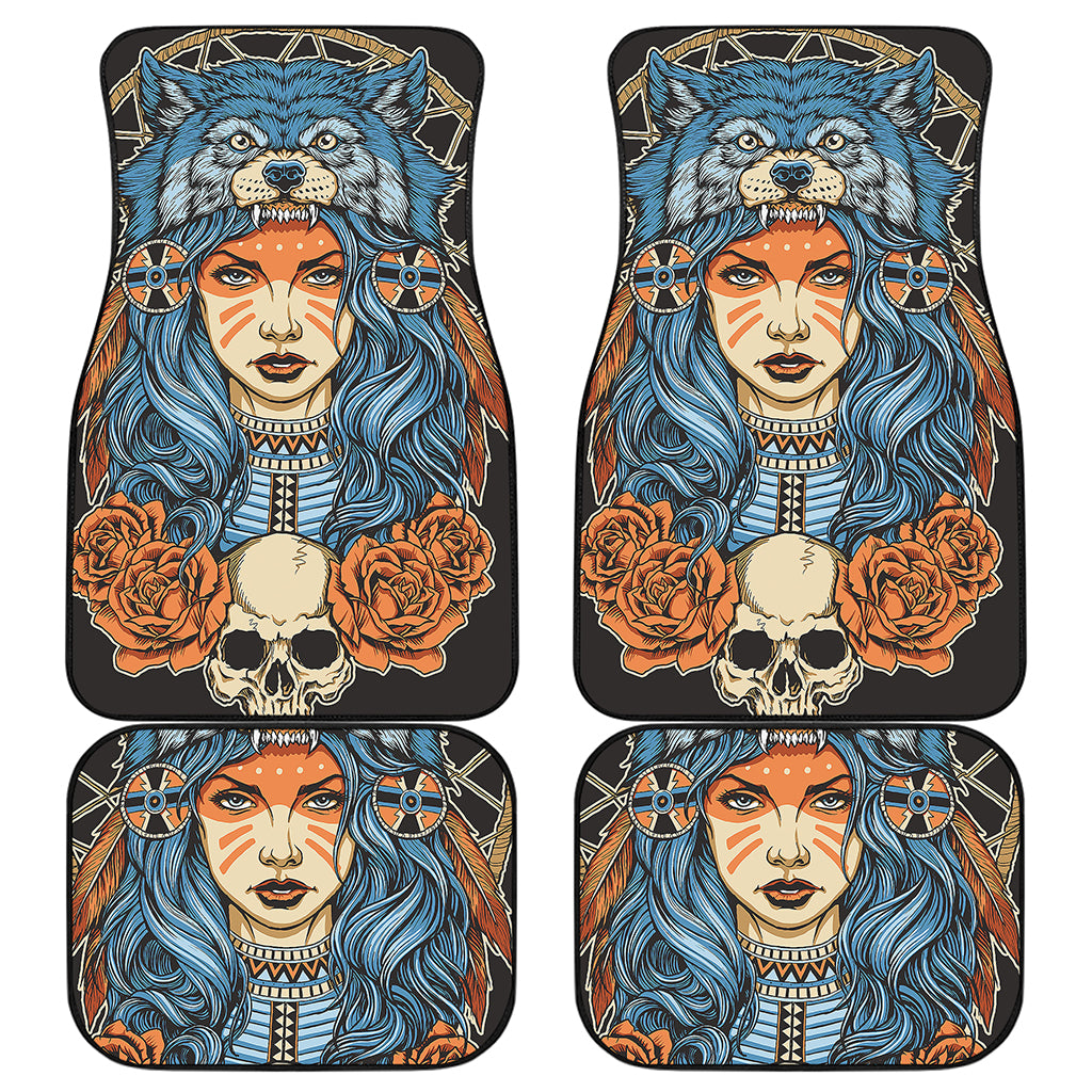 Native American Wolf Girl Print Front and Back Car Floor Mats