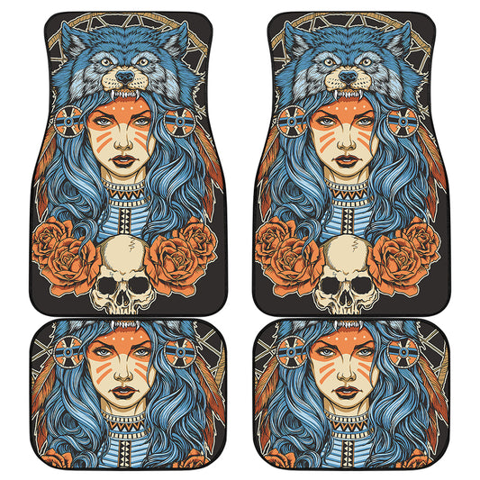 Native American Wolf Girl Print Front and Back Car Floor Mats
