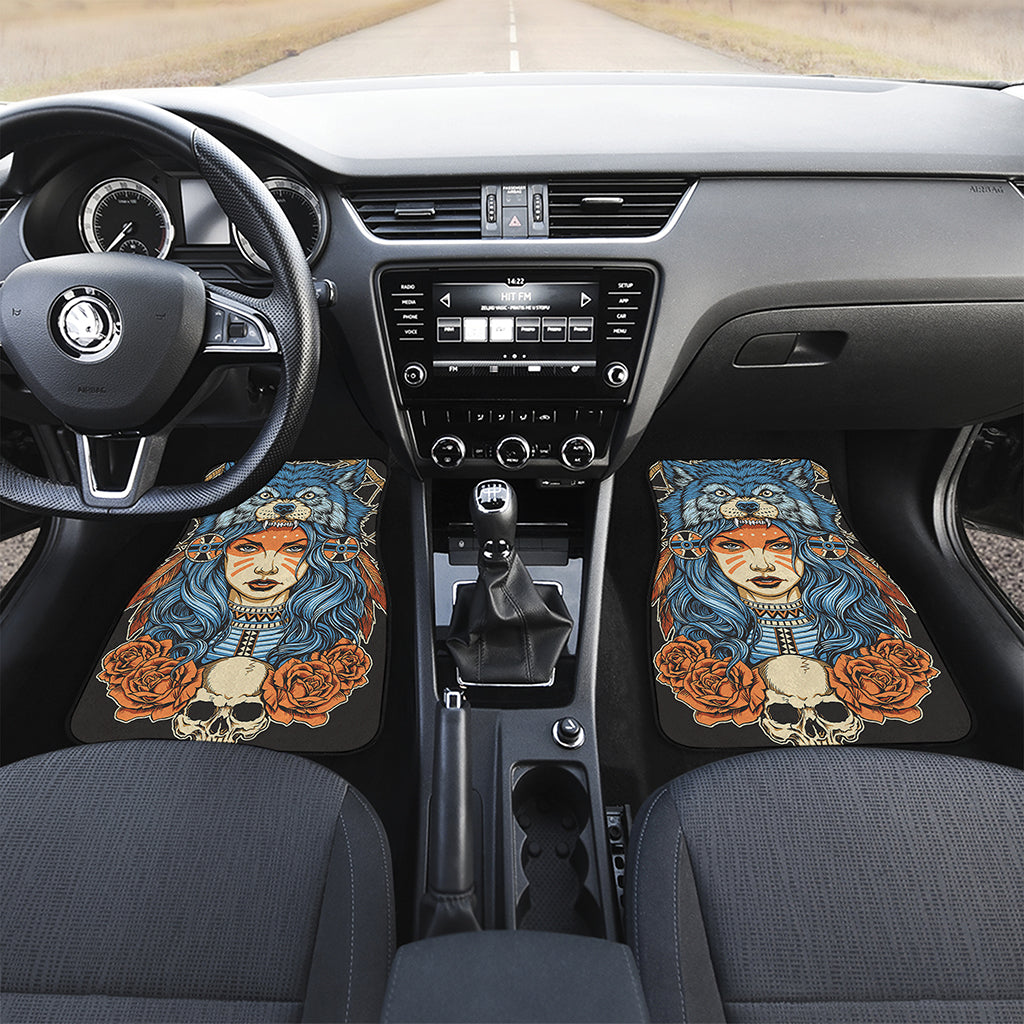 Native American Wolf Girl Print Front and Back Car Floor Mats