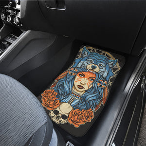 Native American Wolf Girl Print Front and Back Car Floor Mats