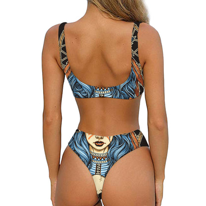 Native American Wolf Girl Print Front Bow Tie Bikini