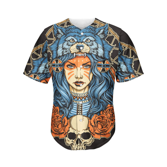 Native American Wolf Girl Print Men's Baseball Jersey