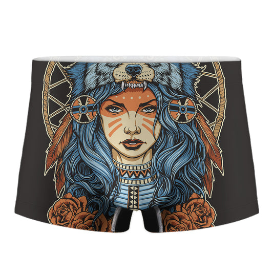 Native American Wolf Girl Print Men's Boxer Briefs