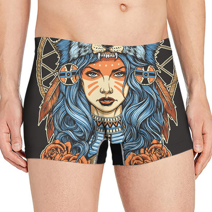 Native American Wolf Girl Print Men's Boxer Briefs