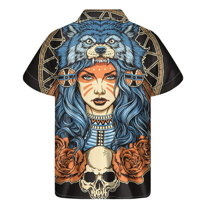 Native American Wolf Girl Print Men's Short Sleeve Shirt