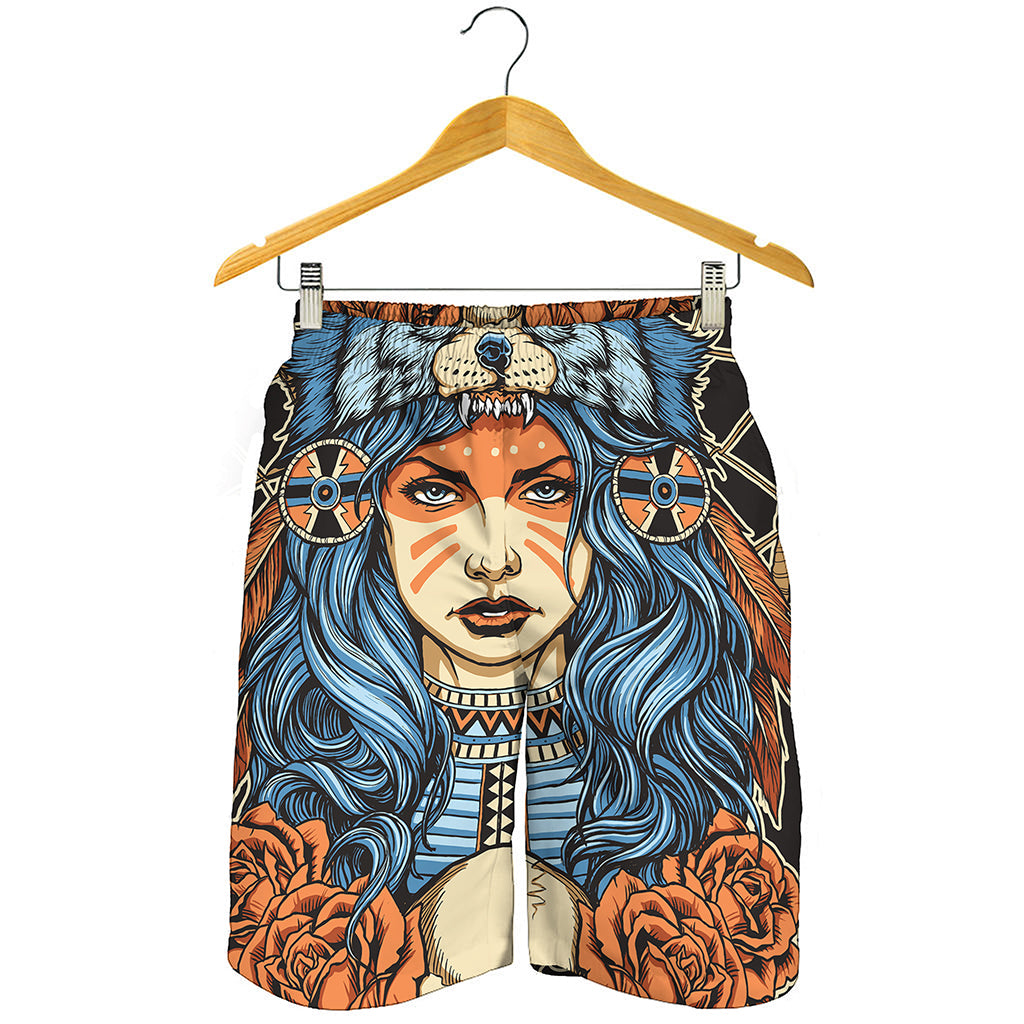 Native American Wolf Girl Print Men's Shorts