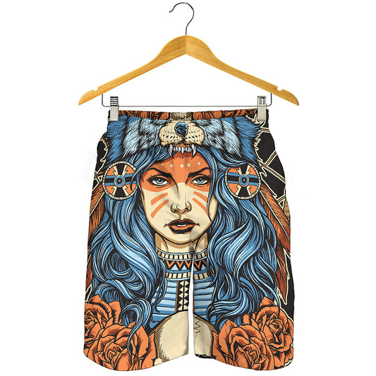 Native American Wolf Girl Print Men's Shorts