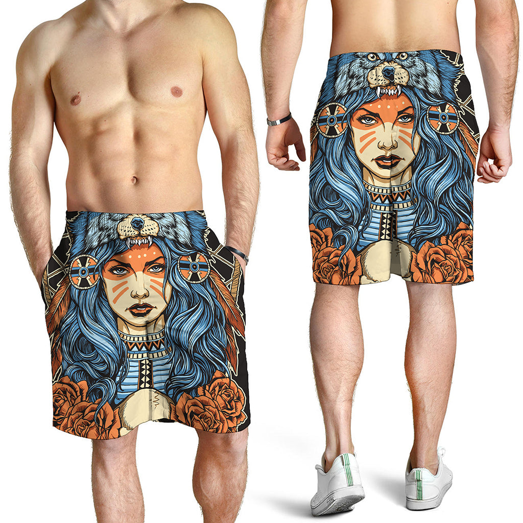 Native American Wolf Girl Print Men's Shorts