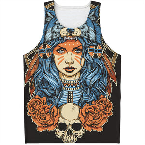 Native American Wolf Girl Print Men's Tank Top