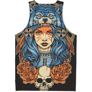 Native American Wolf Girl Print Men's Tank Top