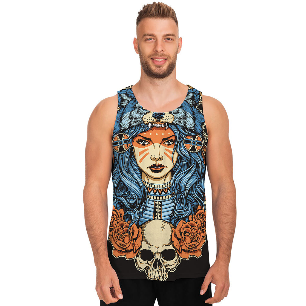 Native American Wolf Girl Print Men's Tank Top