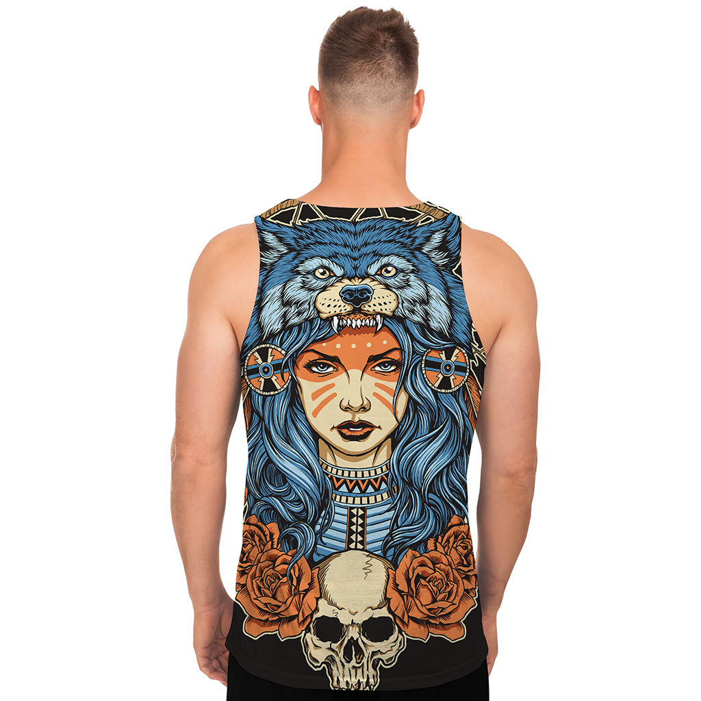 Native American Wolf Girl Print Men's Tank Top