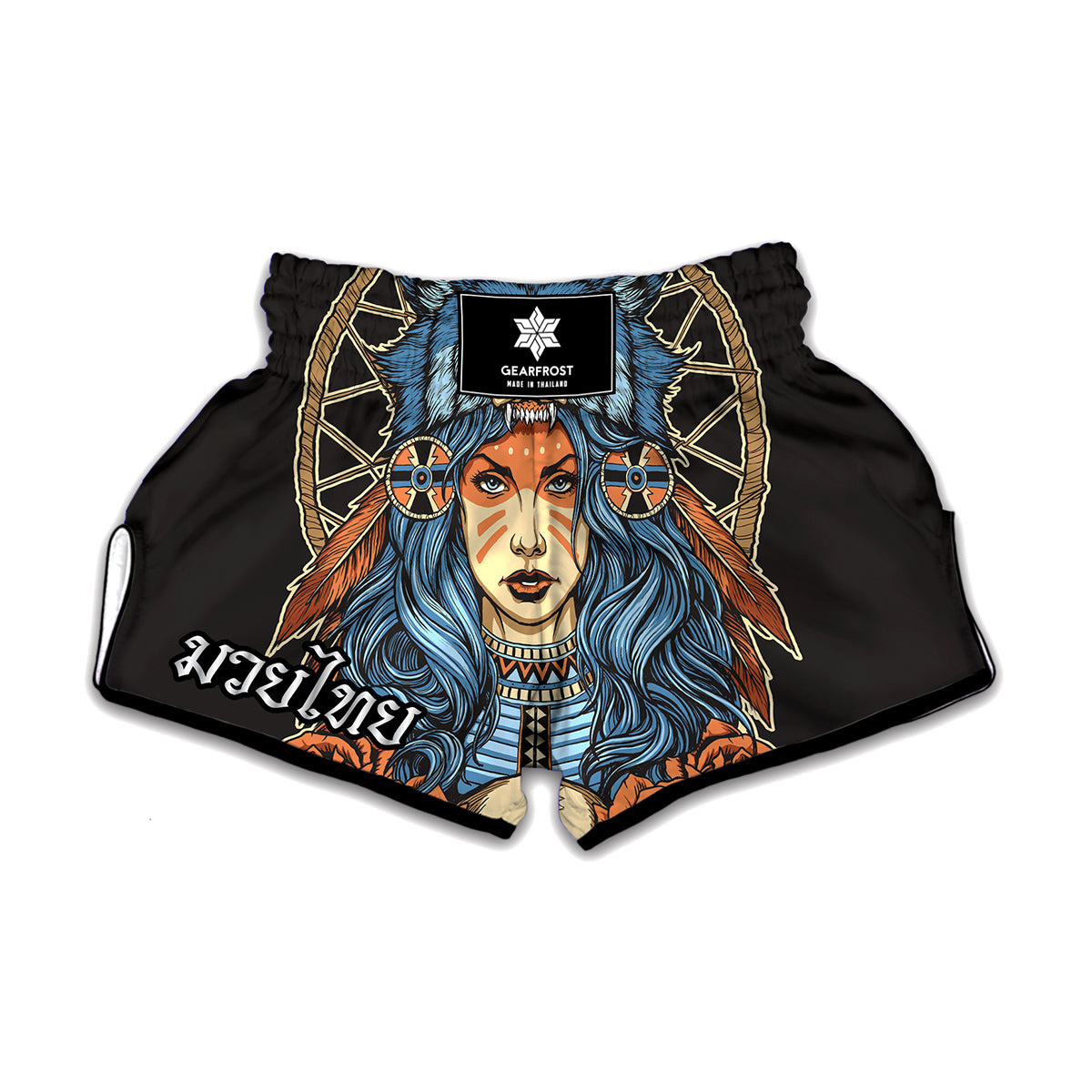 Native American Wolf Girl Print Muay Thai Boxing Shorts