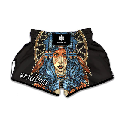 Native American Wolf Girl Print Muay Thai Boxing Shorts