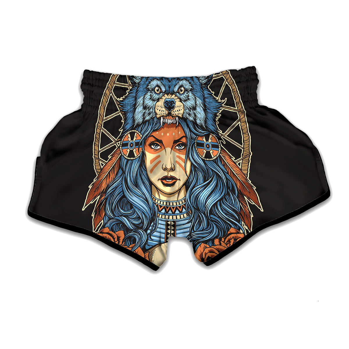 Native American Wolf Girl Print Muay Thai Boxing Shorts