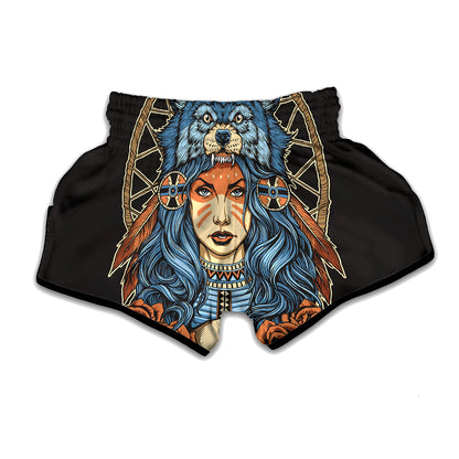 Native American Wolf Girl Print Muay Thai Boxing Shorts