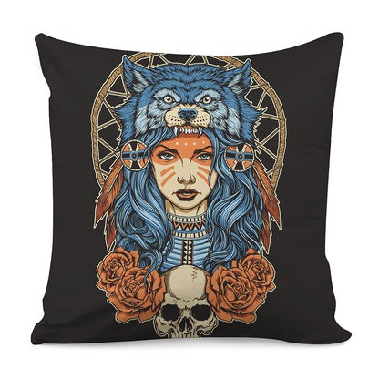 Native American Wolf Girl Print Pillow Cover