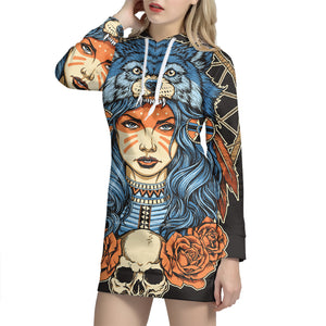 Native American Wolf Girl Print Pullover Hoodie Dress