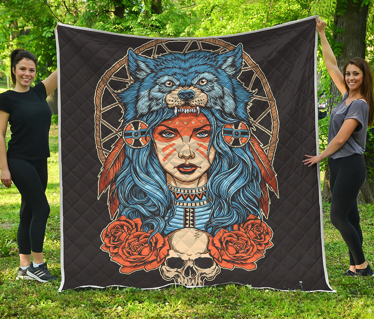 Native American Wolf Girl Print Quilt