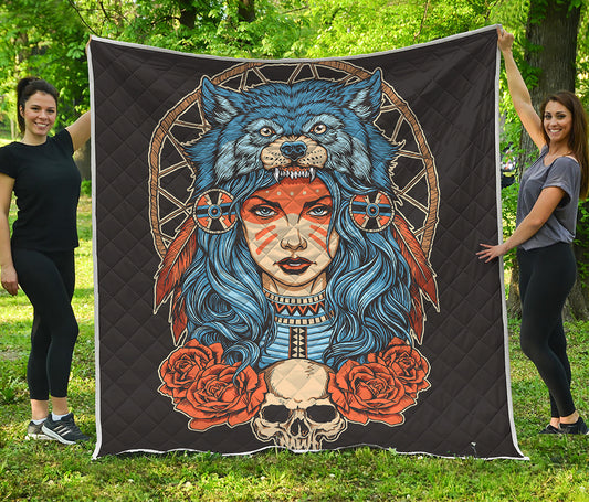 Native American Wolf Girl Print Quilt