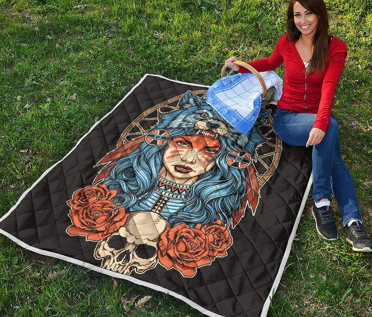Native American Wolf Girl Print Quilt