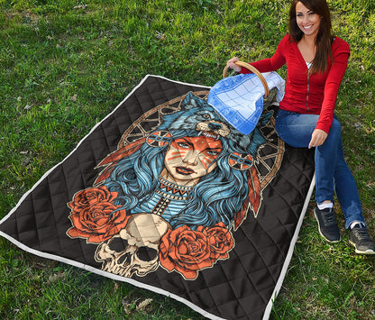 Native American Wolf Girl Print Quilt