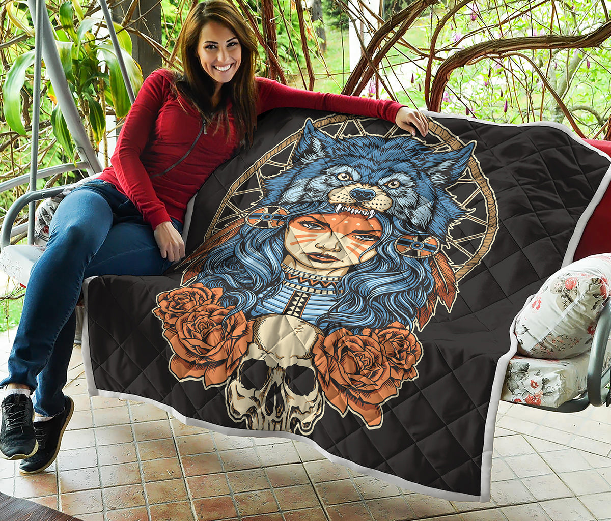 Native American Wolf Girl Print Quilt
