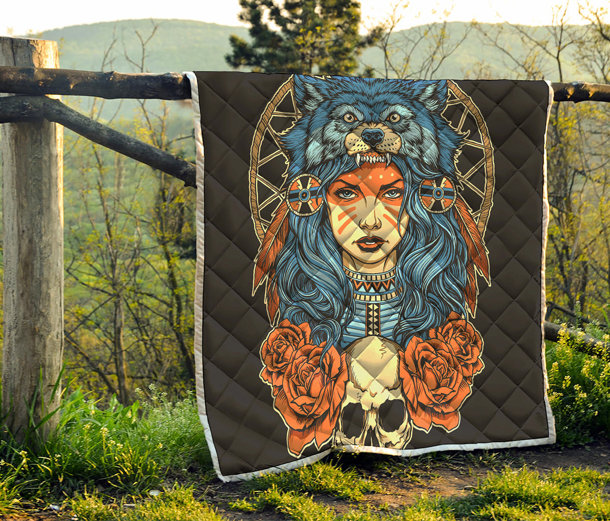 Native American Wolf Girl Print Quilt