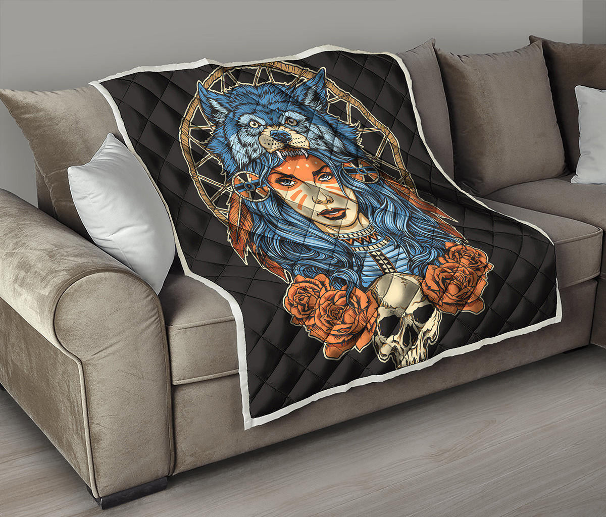 Native American Wolf Girl Print Quilt