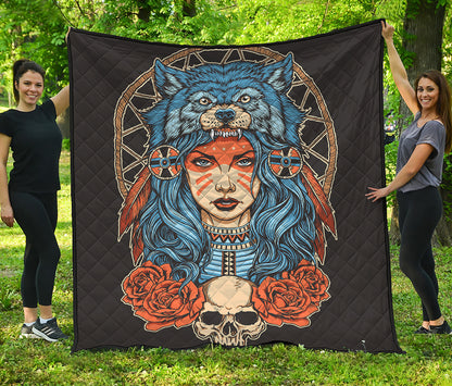 Native American Wolf Girl Print Quilt