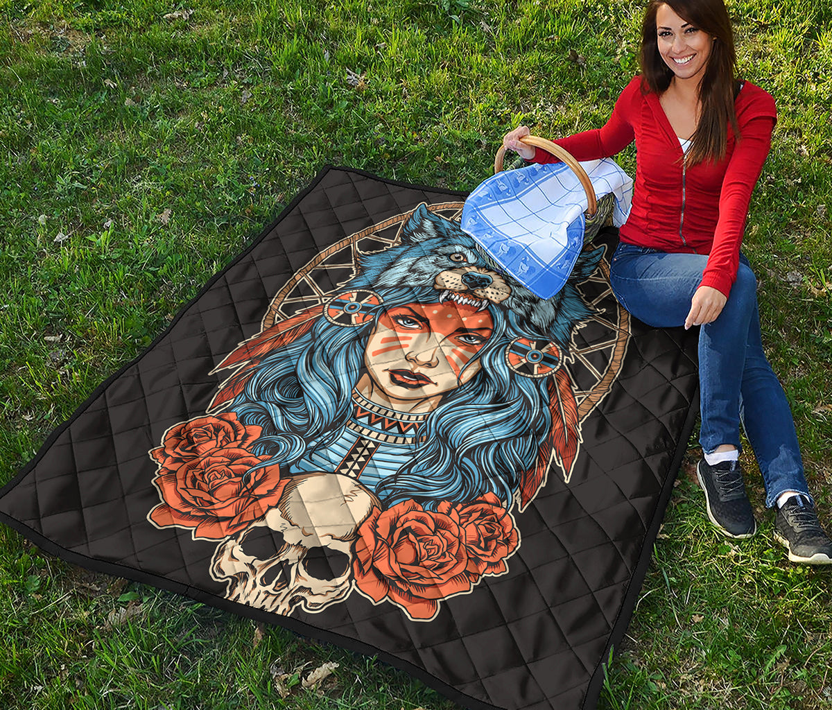 Native American Wolf Girl Print Quilt