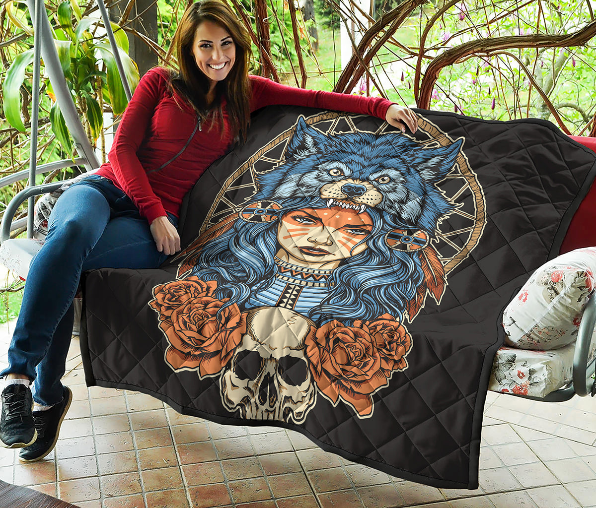 Native American Wolf Girl Print Quilt