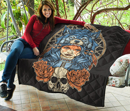 Native American Wolf Girl Print Quilt