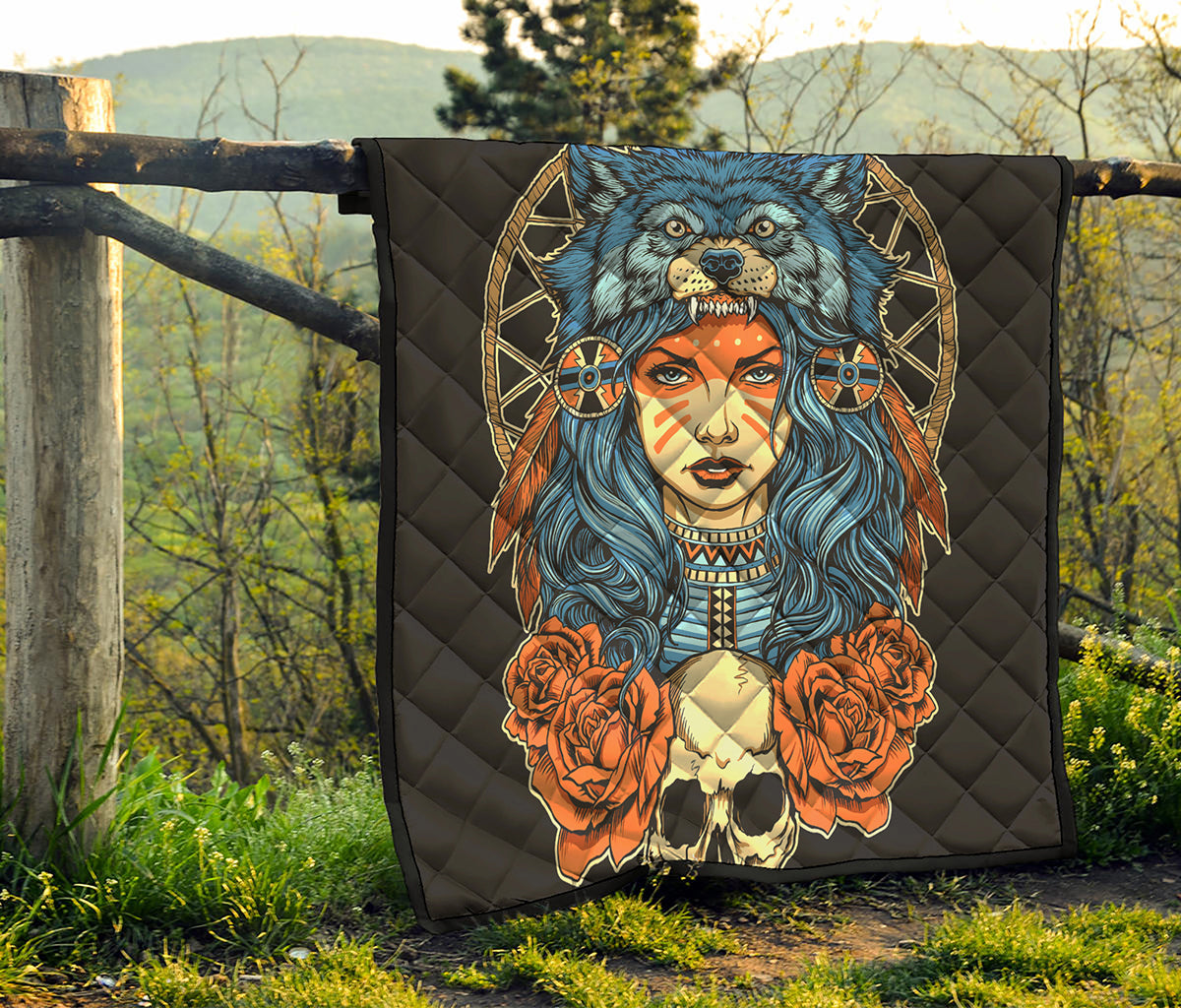 Native American Wolf Girl Print Quilt