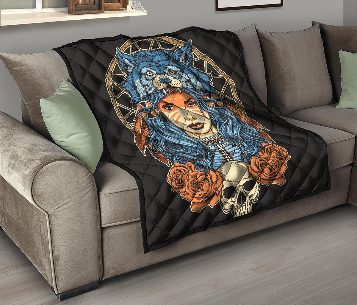 Native American Wolf Girl Print Quilt