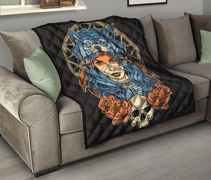 Native American Wolf Girl Print Quilt
