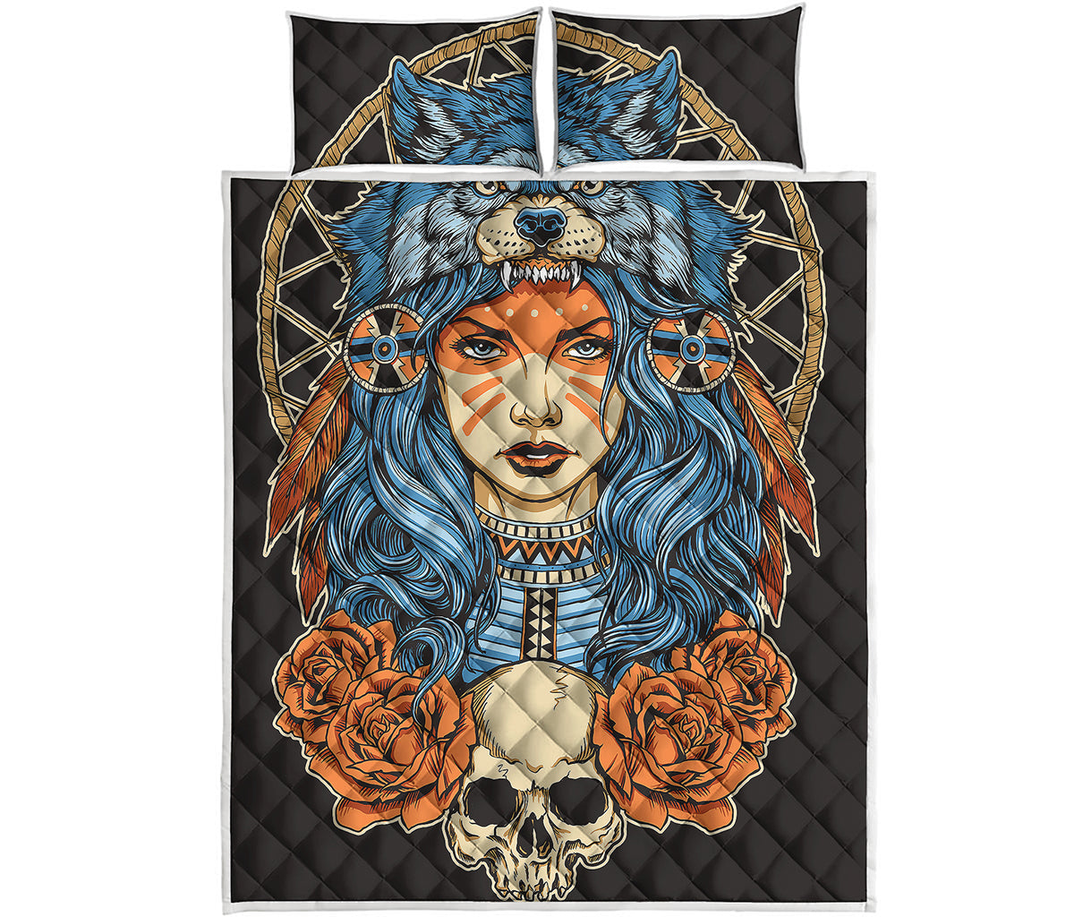 Native American Wolf Girl Print Quilt Bed Set